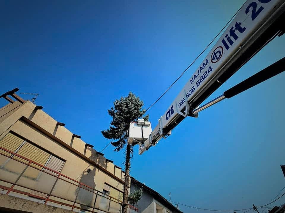Ruka autokošare podignuta uz rub zgrade i stablo, pogled odozdo